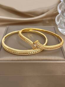 18K Gold Plated Luxury Rhinestones Bangle Bracelet For Women Stackable Double Strand Copper Bangle For Party Birthday Valentine Jewelry Gifts - Multicolor - View 4