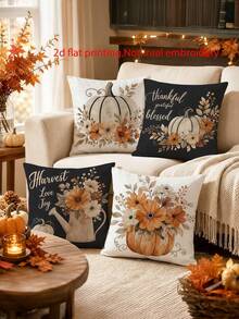 4pcs, 2D Flat Print Thanksgiving Country Rustic Throw Pillow Covers, Non-Real Embroidery Pumpkin Floral Cushion Covers,Fall Home Decorative Pillowcases,No Pillow Inserts - Black - View 4