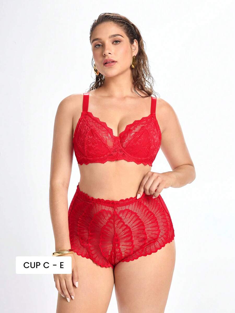 Slumbrini 1件女款大尺碼蕾絲拼接舒適鋼圈內衣 紅色 - 紅色 - 查看 1