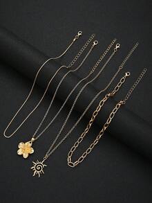 4pcs Fashion Minimalist Floral Sun Pendant Necklace Set For Women, Suitable For Vacation, Date, Party, Ball, Banquet, Holiday, Birthday Gift, Daily Wear - Yellow Gold - View 4
