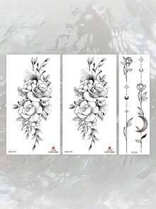 3pcs Y2K Vintage Rose Star Moon Chain Temporary Tattoo Stickers, Back And Waist Body Art, Waterproof, Wearable For 2-3 Days, Suitable For Beach Party, Festival, Travel And Gift - Black - View 5