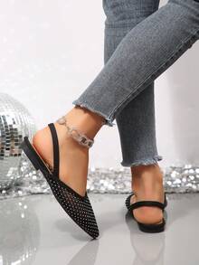 Lightweight Sheer Mesh Mule Shoes, Pointed Toe With Back Strap, Lace Mesh With Rhinestone Toe, Elastic Band Design, Casual Loafers, Elegant Minimalist Commuter Hollow Flat Shoes - Black - View 5