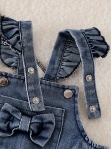 Baby Girl's 2pcs Set: Heart Embroidery Ruffle Pocket Denim Bib Pants + White Ribbed Long Sleeve T-Shirt, Preppy Style - White - View 5