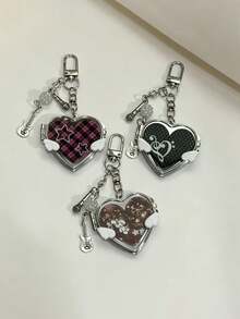 1pc Korean Vintage Heart With Small Wings Mirror Bag Charm, Ins Style Music Note Guitar Pendant, Portable Heart-Shaped Small Mirror Keychain - Multicolor - View 7