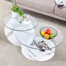 Modern Minimalist Double-Layer Tempered Glass Coffee Table, Multi-Level Design, High-Quality MDF Support Structure With White Marble Finish. Multiple Colors Available. - 白色 - 查看 9