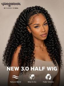 MEGALOOK 3 In 1 Half Wig Deep Curly 100% Human Hair Wig Invisible Hairline Wear Go Upgrade Headband Wig Updo Down Style Hairpiece Beginner Friendly Natural Color - SNatural - View 3