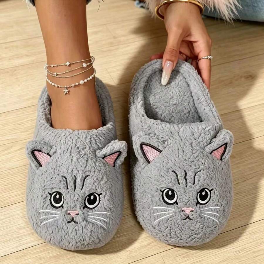 Fashionable New Couple Indoor Slippers, Slip-On Comfortable Warm Quiet Cat Basic Fabric Embroidered House Shoes For Spring Autumn Winter - Grey - View 1