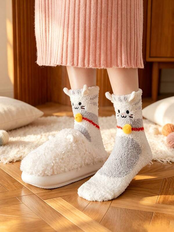 Women's Coral Fleece Socks, No Shedding, Half-Fleece Cat Design Mid-Calf Thickened Warm Socks, Home Floor Socks, Cold-Proof