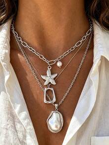3pcs Vintage Elegant Bohemian Style Women's Baroque Asymmetrical Pearl Starfish And Asymmetric Geometric Pendant Necklace, Suitable For Women's Daily Wear And Summer Beach Vacation, Versatile Gift - Silver - View 2