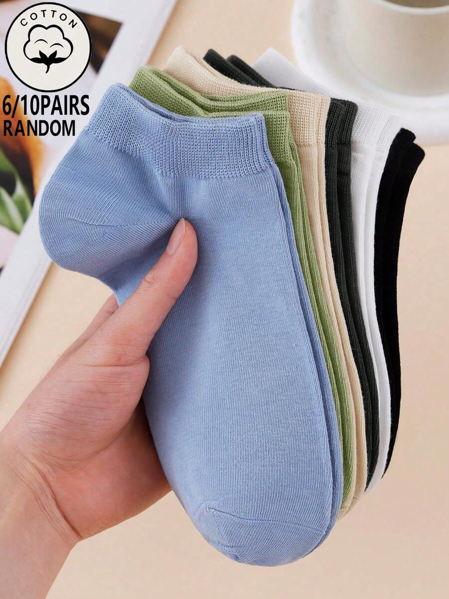 Random 6/10 Pairs Women's Ankle Socks - Dark Solid Color Minimalist - Cotton Elastic Antibacterial Odor-Resistant, Suitable For Daily Casual And Business Wear - Multicolor - View 1