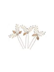 3pcs Elegant Gold Rhinestone & Pearl Hair Clips, Handmade Leaf-Shaped Bridal U-Shaped Hair Forks, Romantic Women's Wedding Hair Accessories - Multicolor - View 6