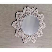 1pc Bohemian Style Wooden Printed Tassel Wall Mirror, Faux Woven Hanging Mirror, Living Room Bedroom Wall Decor, Premium Wall Decoration, Suitable As Thanksgiving, Christmas, Halloween Gift, Also For Bedroom Decoration, Ideal Gift For Friends And Family - Beige - View 7