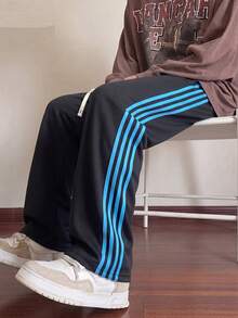Modcrash 1pc Men's Autumn Black Base Blue 4-Stripes Curved Hem Wide Leg Sweatpants, White Drawstring Elastic Waistband, Casual Sports Long Pants Fall/Winter - Black - View 5