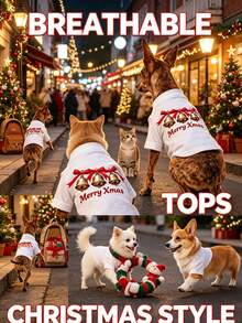 1Pc Christmas Bell Print Dog Clothes, Dachshund Clothes, Dog Costume, Cat Clothes, Teddy Bear Clothes, Breathable Lightweight Pet T-Shirt For Small Dogs & Cats, Xmas Daily Casual Tops - Multicolor - View 4