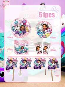 MASSDI 51pcs Gabby Cat Party Disposable Paper Tableware Bundle, Multiple Character Pattern Plates Cups & Napkins, Sturdy Disposable Dining Kit, Convenient Decor Accessories For Birthday Banquet, Indoor Theme Gathering Setup - Multiple Styles - View 16