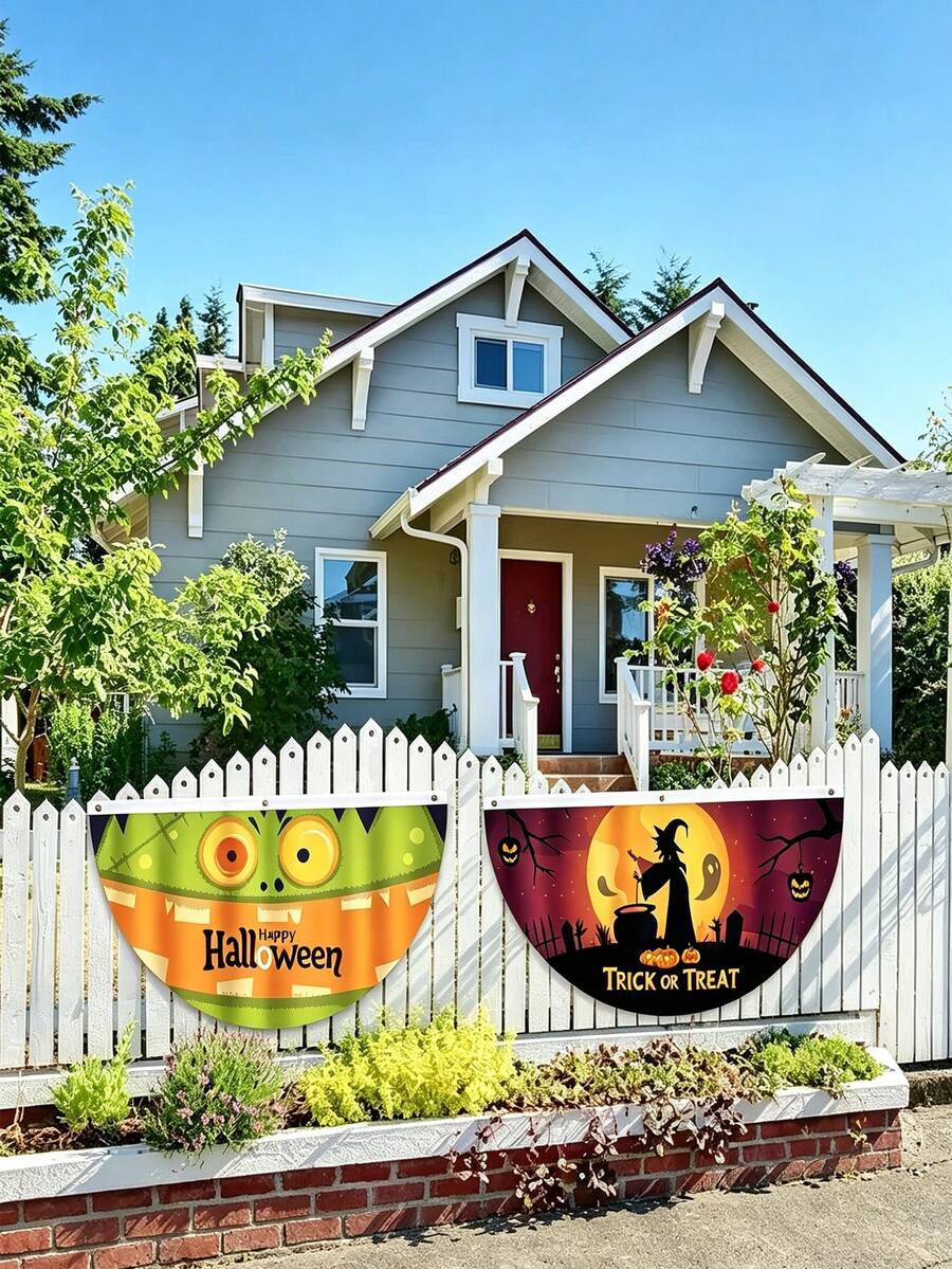 Creative Printed Halloween Semi-Circle Fan-Shaped Hanging Banners, Outdoor Fence Porch Party Venue Decoration Props, American Yard Atmosphere Decor, Holiday Gift For Family - Multiple Styles - View 1