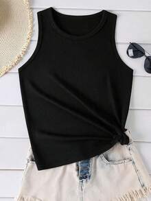 Camiseta Casual de Manga Curta de Cor Sólida Plus Size para Mulheres, Regata Esportiva Casual de Malha Ajustada com Gola Redonda, Adequada para Ocasiões Formais de Verão, Escritório, Concertos - Preto - Visão 8