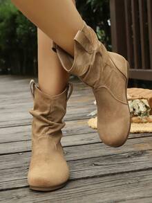 Vintage Maillard Ruched Mid-Calf Boots For Women, Autumn/Winter Fashion Commute, Shopping, Travel, Casual Versatile Flat Ankle Boots, Brown Boots, Black Boots - Camel - View 7