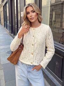 Women's Autumn Set: White Lace Long Sleeve Round Neck Jacket With Metal Buttons, Elegant And Minimalist, Suitable For Commuting And Daily Wear - Apricot - View 8