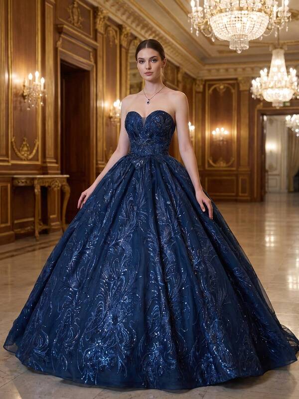Navy Blue Luxury Strapless Sequin Embroidered Puff Wedding Dress, Lace-Up Waist Stage Performance Bridal Gown Evening Party Dress