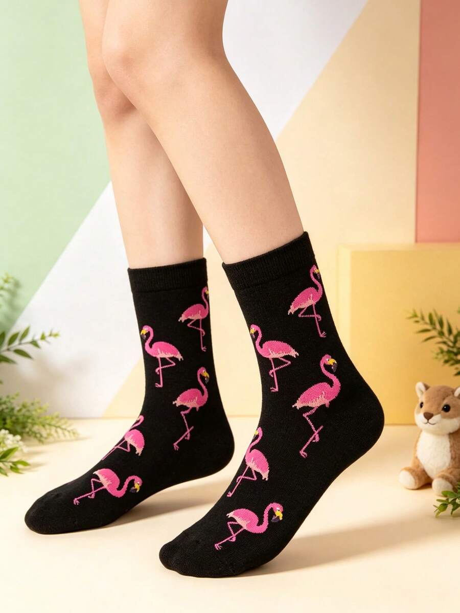 1/5 Paar Flamingo Muster Crew Socken - Verschiedenfarbig - Übersicht 1