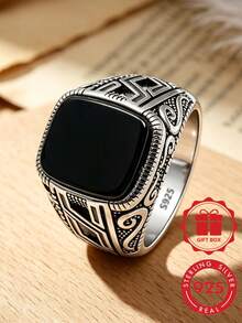 925 Sterling Silver Antique Style Wide Band Ring For Men, Featuring Exquisite Black Onyx Inlay Design, Combining Artistic Elegance And Versatility, Suitable For Daily Wear And Formal Occasions - Silver - View 13