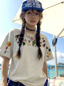 New Summer Gen Z Y2K Style Girls Fun Cartoon Sleeve Print Crew Neck Short Sleeve T-Shirt Casual Vacation - Light Gray - View 2