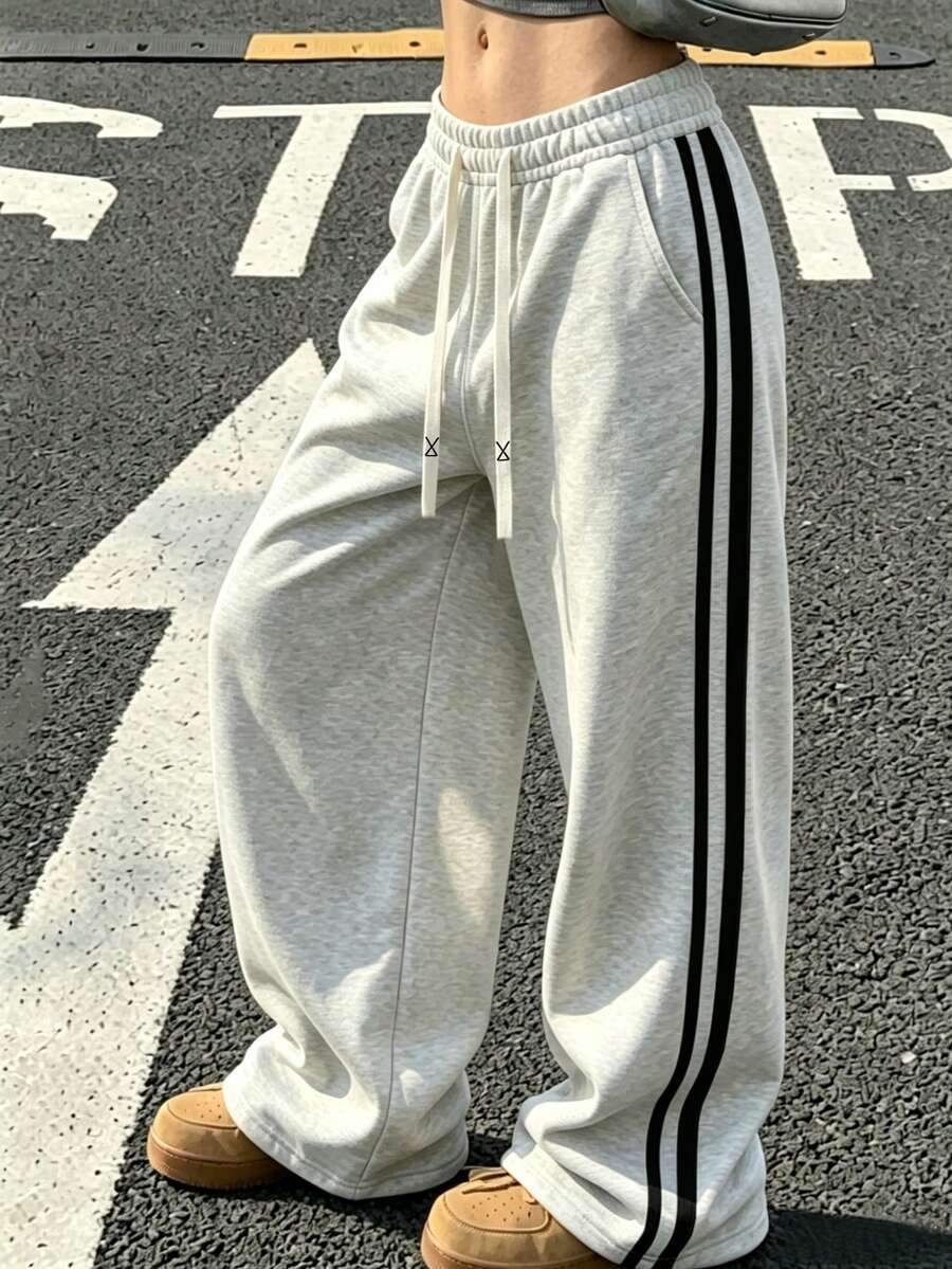 Women's Drawstring Wide Leg Pants, Comfortable Fabric, Suitable For Sports, Outdoor, Casual Wear, Street Style Autumn Long Pants - Grey - View 1