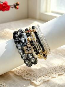 7pcs/Set Bohemian Style Layered Color Block Beaded Jewelry With Flower Pendant, Versatile Multi-Layer Bracelet For Women - Green - View 2