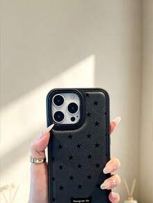 1pc Ins Puffy Leather Texture Star Pattern Shockproof Phone Case, Suitable For 17 16 15 14 13 12 11 Pro Max, Transparent Phone Protective Cover Waterproof Shockproof Scratch-Resistant - Black - View 2