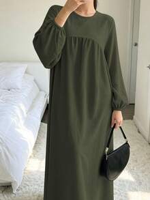 1pc New Plus Size Dress With Ruched Chest, Lantern Sleeve Design, Classic Versatile Abaya For Women's Daily Wear - Multicolor - View 9