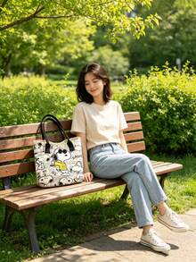 1pc Snoopy Print Yellow Canvas Tote Bag, Large Capacity Design, Suitable For Travel, Shopping And Daily Use, Ideal Gift For Birthday, Valentine's Day, Back To School And Graduation Season - A - View 2