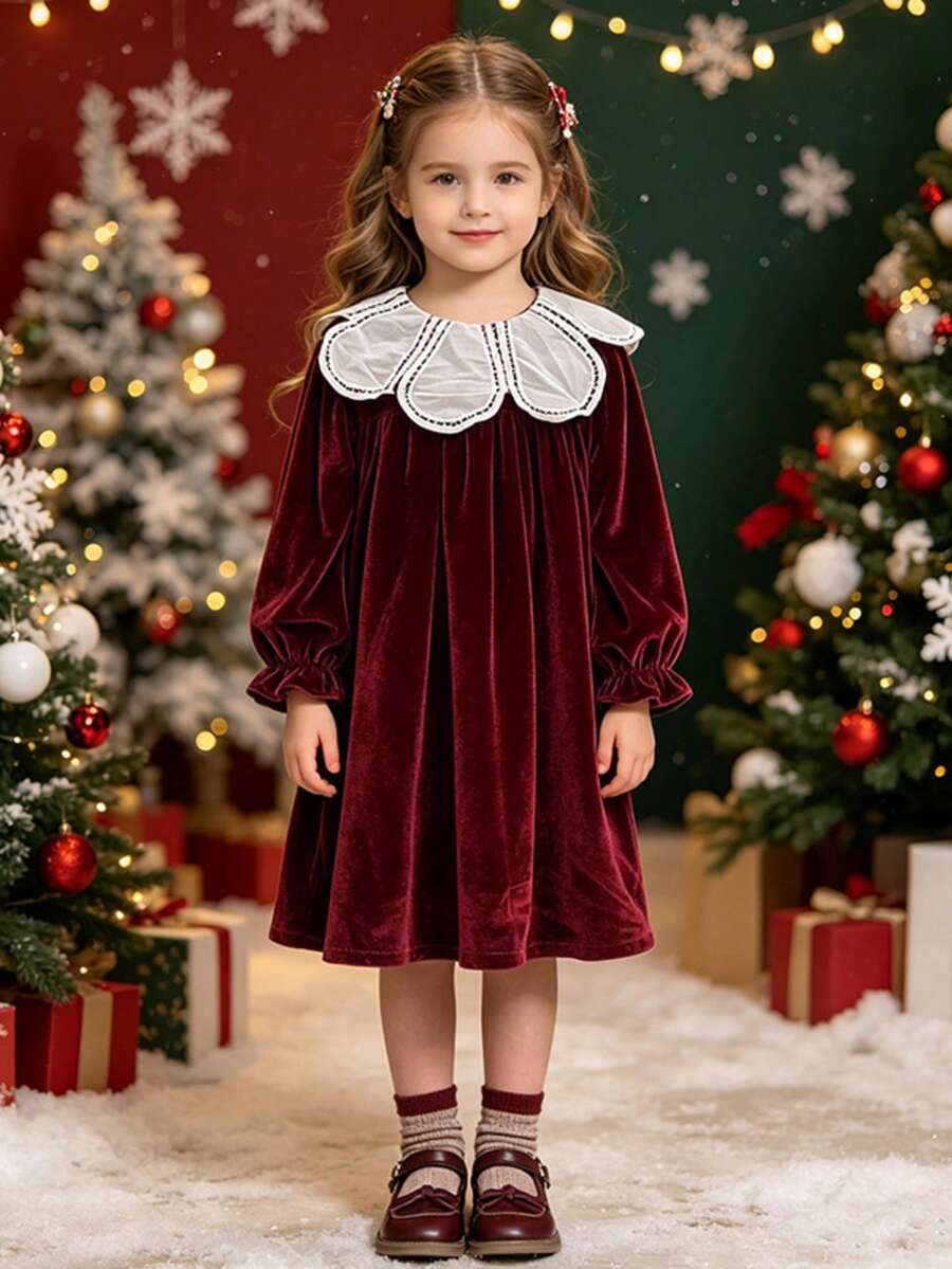Girls' Petal Collar Burgundy Long Sleeve Dress, Spring/Autumn Style, Children's Christmas Princess Holiday Dress