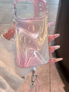 Premium Wavy Light Pink Leather Wrist Strap Compatible With 14 Pro Max Apple 16 Phone Case Full Edge Protection Women's 17 Anti-Drop Protective Cover 16 Pro Max Personalized 15 Niche - Pink - View 5