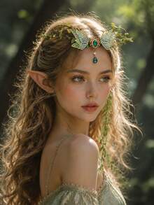 Women's Forest Fairy Headpiece Green Leaf Vine Elf Headband Fairy Wings Emerald Rhinestone Halloween Cosplay Renaissance Wedding Festival Party - Multicolor - View 3