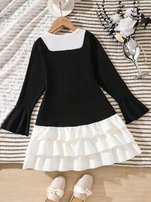 Sweet Dress For Tween Girls, 2 Pieces Style Long Sleeve Princess Dress, Square Neck Black & White Contrast Color Flare Sleeve Top, Multi-Layer Ruffle Cake Hem - Black - View 5