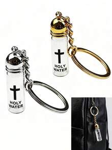 Mini Holy Water Bottle Keychain,Cross-Print Glass Baptismal Flask,Portable Religious Keychain Pendant,Car Key Fob Accessories,Bag Charms, Gifts. - Multicolor - View 2