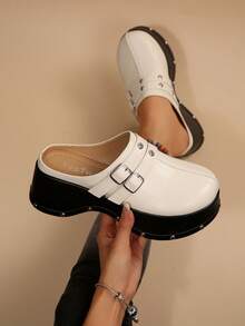 Metal Buckle Thick Sole Loafer Mule Slippers Studded Platform Closed Toe Slippers Women's Casual Slouchy Shoes - Off White - View 2