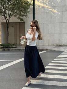 Elastic Waist Flared Skirt - Navy Blue - View 3