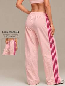 Vintage Four Stripe High Waist Drawstring Loose Leg Sweatpants - Pink - View 1