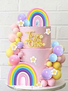 30pcs Rainbow Cake Toppers, Colorful Striped, Blue Pink Yellow Purple Foam Balls, Daisy Cake Baking Decorations, Suitable For Baptism, Gender Reveal Party, Birthday Party Daisy Theme Cake Decor, Fresh Sweet Cute Cake (Please Use With White Sticks) - Multicolor - View 1