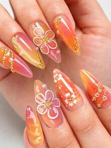 24pcs Almond Shaped 3D Embossed Fake Nails With Pearl & Steel Bead Gradient Tie Dye Design, Luxury Romantic Nail Art Stickers, Suitable For Parties, Weddings, Special Events, Nail Accessories, Party Decorations, Durable Press-On Nail Tips, Exclusive For Nail Art Enthusiasts, Set Includes: 1pc Jelly Glue And 1pc Nail File. Summer Nail Tips Make Your Fingertips Shine And Attract, Perfect For Women's Daily Work And Party Occasions - Multicolor - View 6
