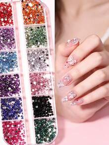 12-Grid Mixed Color Flat Bottom Acrylic Nail Rhinestone Set, Mini Round Nail Gems, 12 Vibrant Bright Colors DIY Japanese Nail Art Decoration, Salon And Home Nail Design Supplies - Multicolor - View 2