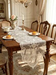 100% Polyester Vintage French Diamond Round Table Runner, Full-Width Paisley Floral Embroidery, Wavy Lace Edge, Transparent Table Mat, Suitable For Bridal Breakfast Table, Country Cottage Kitchen Decor - Multicolor - View 12