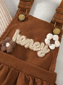 2pcs/Set Baby Girl Long Sleeve Ribbed Knit 3D Flower Embroidery Letter Patchwork Vintage Mori Style Pinafore Dress Spring Autumn Outfit For Outings, Birthday, Photo Shoot - Multicolor - View 6