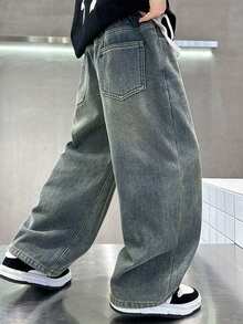 Tween Boy Loose Casual Versatile Denim Wide Leg Pants With Pockets - Blue - View 2