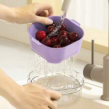 Mesuca 2-In-1 Fruit Washing Basket Kitchen Storage Bowl, Purple Large & White Medium, Double Layer Drainage Design Detachable Strainer Basket Set, 2pcs - Large + Medium - View 4