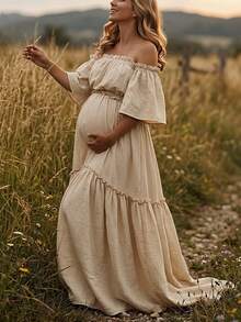Maternity Off-Shoulder Layered Short Sleeve Crepe Fabric Slight Stretch Dress, Ruffle Hem Train Skirt Suitable For Lawn, Beach, Garden And Other Special Occasion Photography - Apricot - View 6