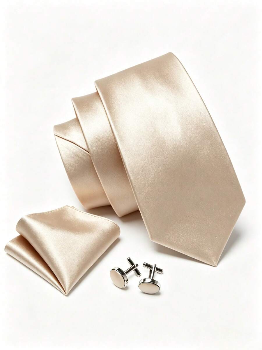 1pc Barry Wang Silk Men's Tie Set, Gold & Dark Green Solid Color Tie, Pocket Square, Cufflinks Set, Wedding, Business, Banquet - Champagne - View 1