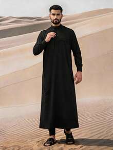 男士正式长袍，长袖纯色宽松传统伊斯兰服装，卡夫坦开斋节阿拉伯长袍 - 黑色 - 查看 2